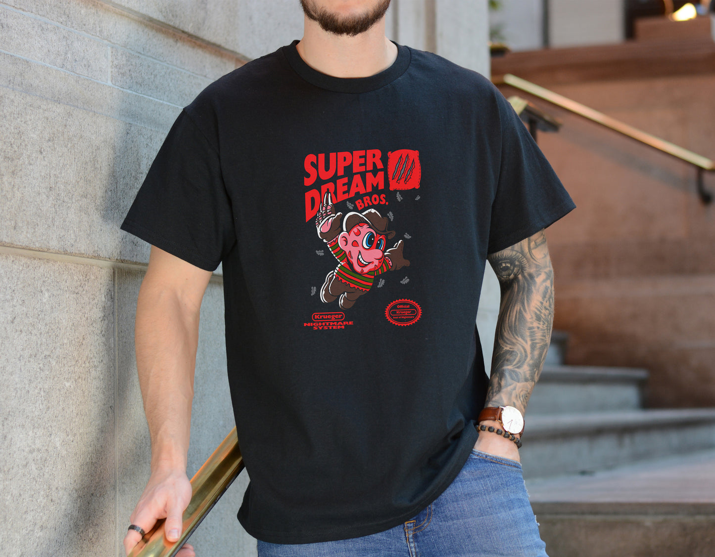Super Dream Bro Tee – Retro Gamer Horror Mashup Shirt