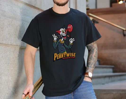 Dancing Striped Clown Tee – Retro Horror Parody Graphic Shirt